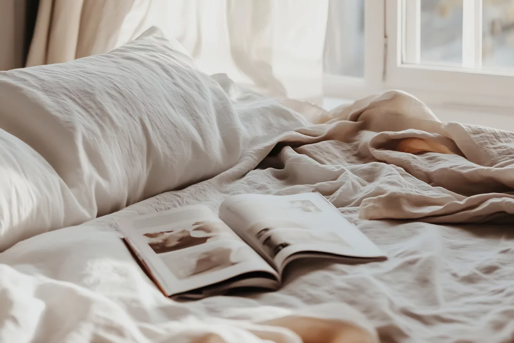 Magazine sur couverture froissée dans la lumière du matin
